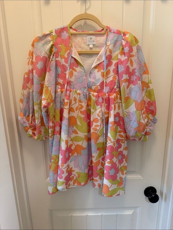 J marie Tops - J Marie  Floral Peasant Tunic - Multi Pink/Orange